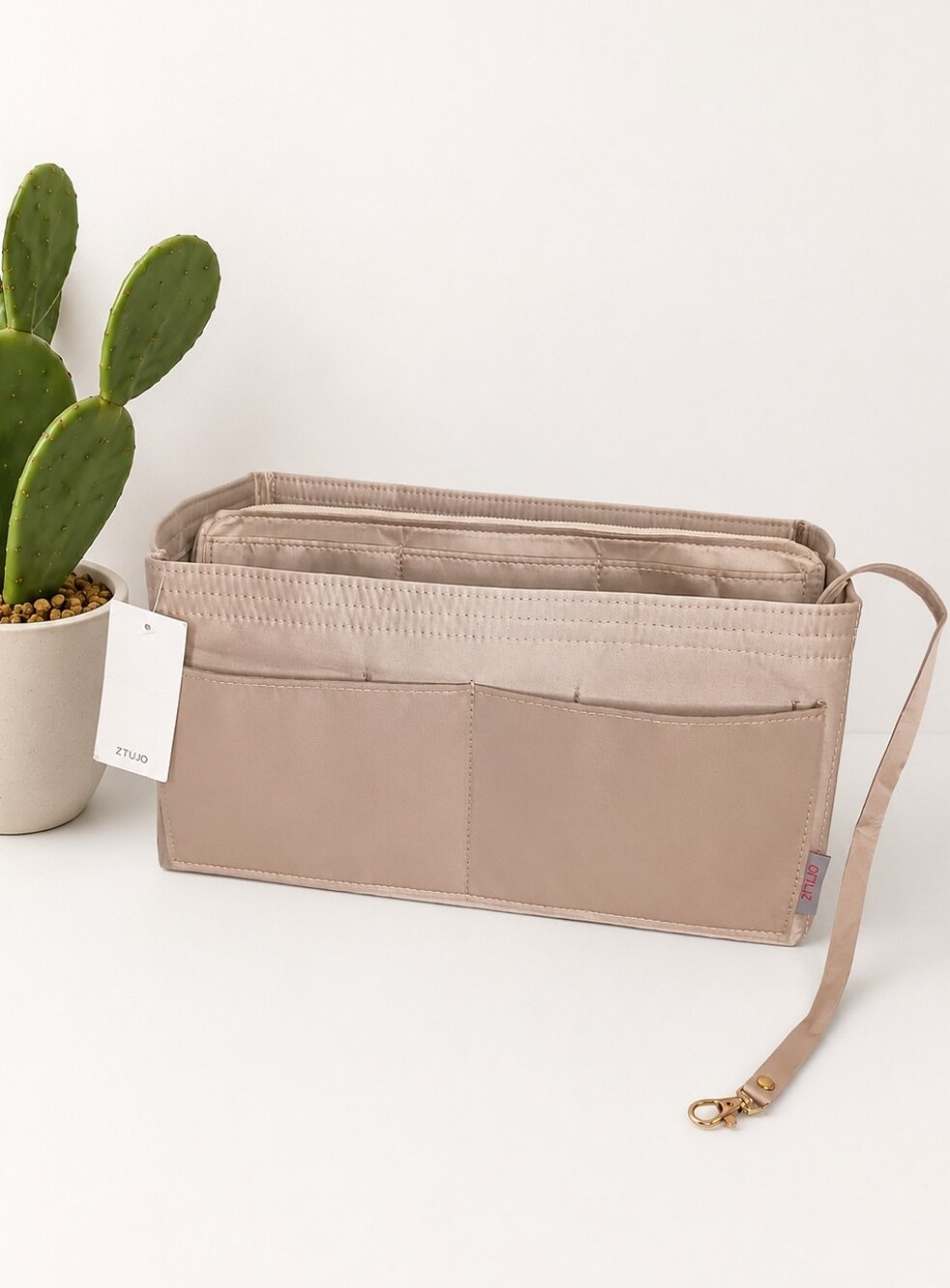Women'Purse Organizer Insert, Felt Bag Organizer w Metal Zipper, Handbag Beige